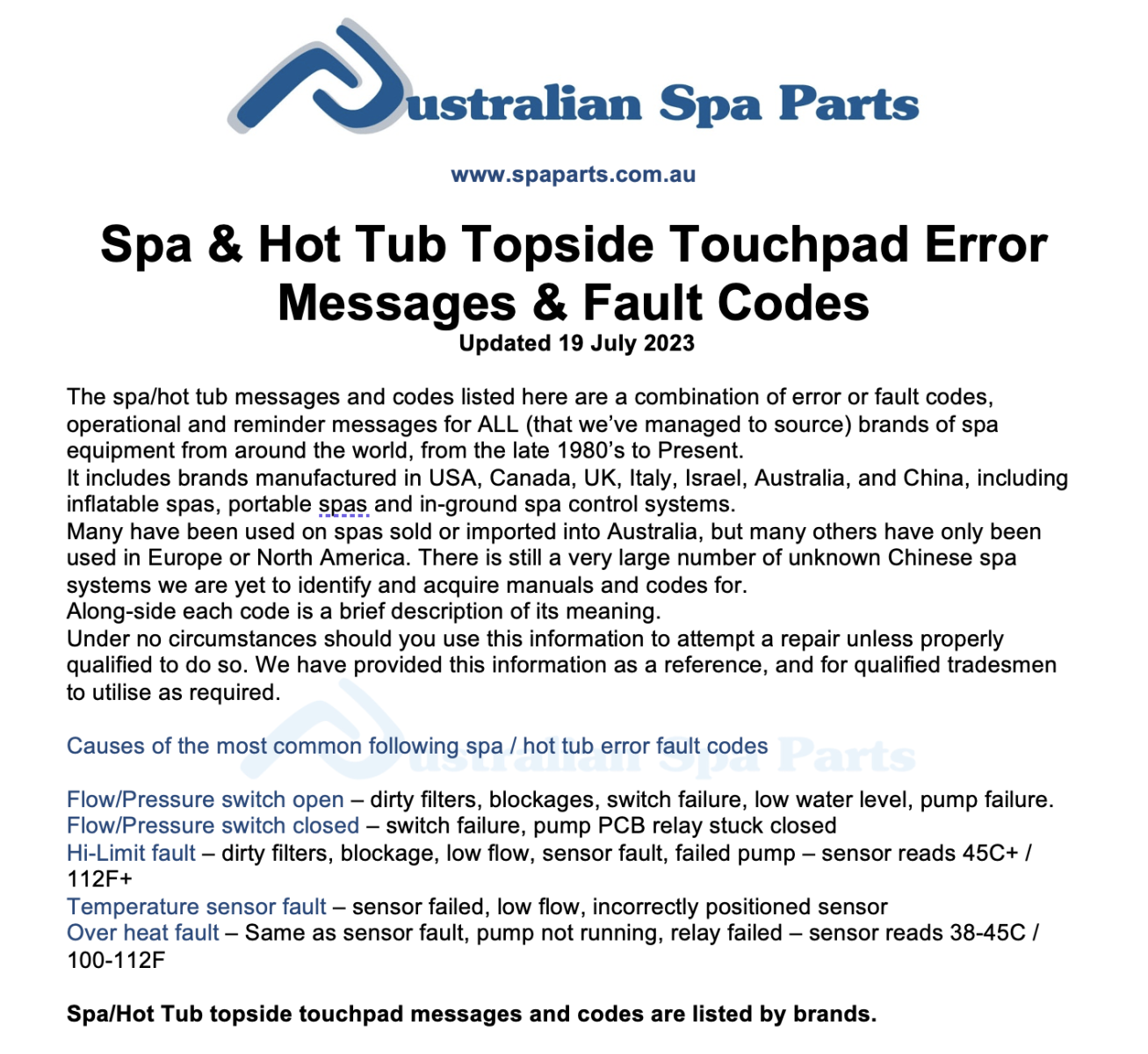 Spa & hot tub error messages error codes topside touchpad control